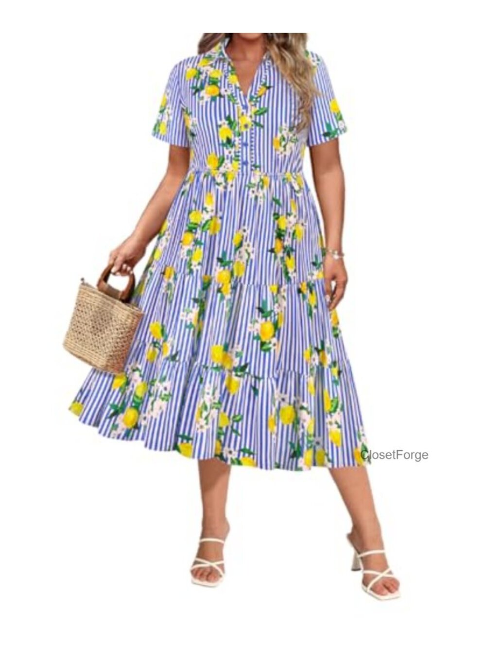 Plus Size Midi Summer Dress with Pocket Floral Pattern Short Sleeve
